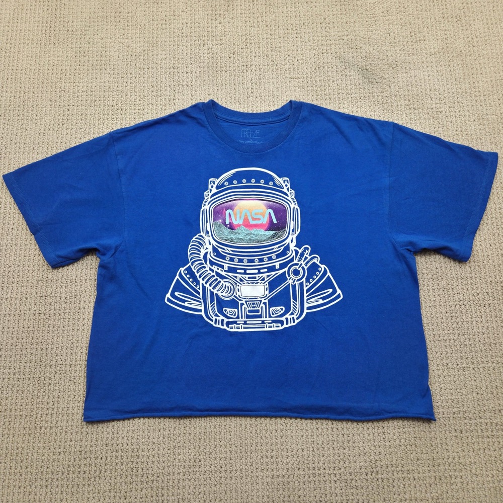 NASA Astronaut Graphic T-Shirt by Freeze‎ Cropped Raw Hem Blue Womens Large
